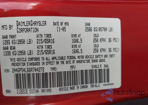 2006 Chrysler Town & Country Touring из США, поврежденный, VIN 2A4GP54L66R704272